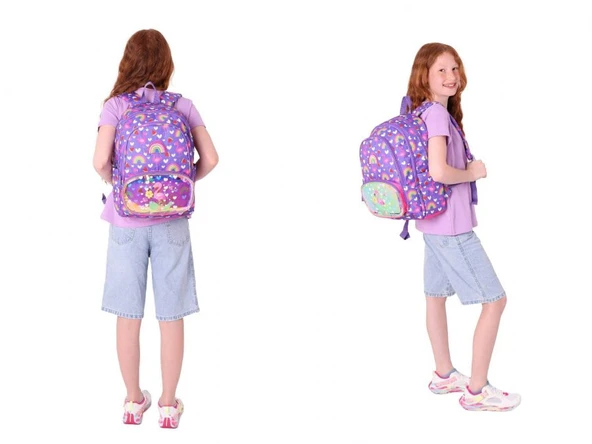 Kaukko Kız Çocuklar İçin Okul Sırt Çantası (L5226) ve Üç Bölmeli Kalemlik (L8226) Seti - Mor Pembe - Flamingo Nakışlı ve Baskılı - Resim 3