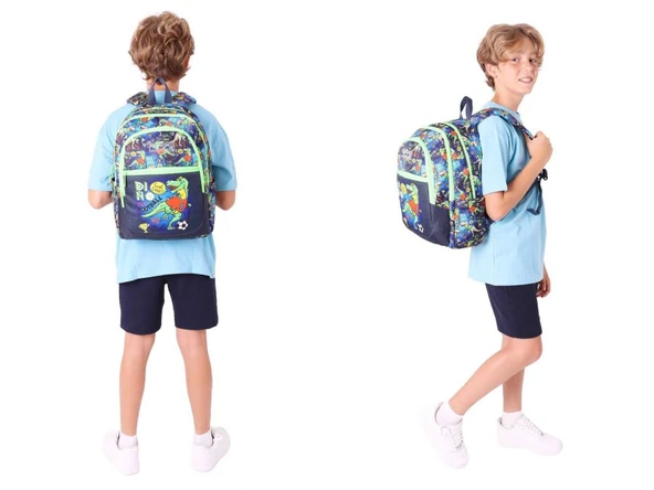 Kaukko Çanta Erkek Çocuk Dinazor Desenli Baskılı Okul Çantası ve Kalem Kutusu Seti (L5266+KK-L8266) - Siyah Yeşil - Resim 3