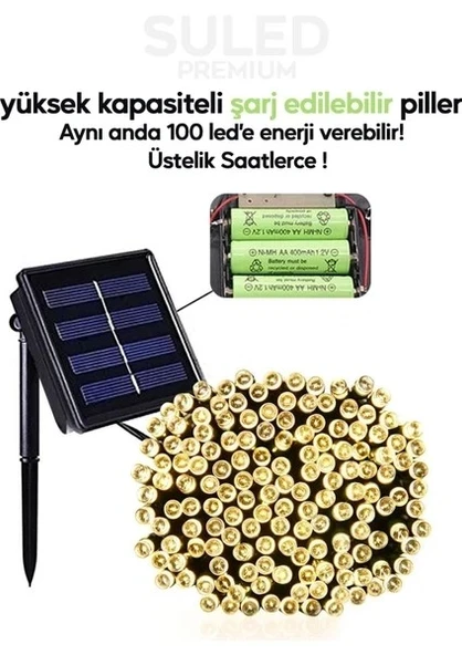 10 Metre Solar Enerjili Dekoratif 100 LED Işık Bahçe Balkon ve Süsleme Ledleri Gün Işığı - 3