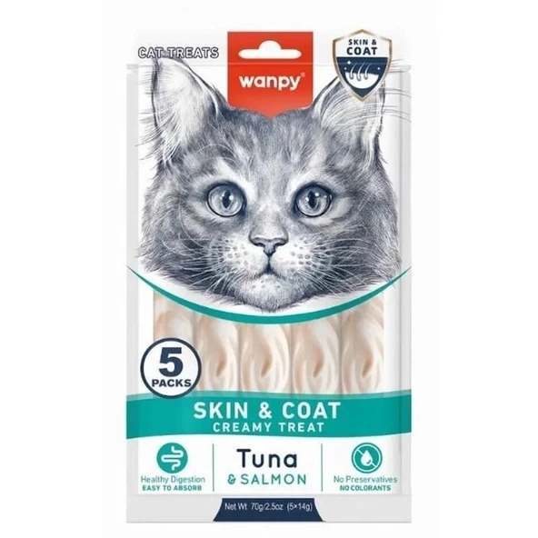 Wanpy Skin Coat Ton Balığı ve Somonlu Krema Kedi Ödülü 5x14gr - 1