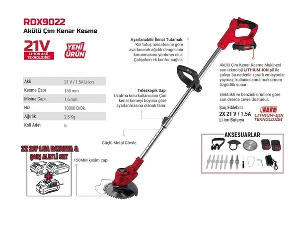 Rodex Elektrikli Şarjlı Yan Tırpan Çim Ot Biçme Kesme Rodex RDX9022 Li-on Çift Batarya - Resim 2