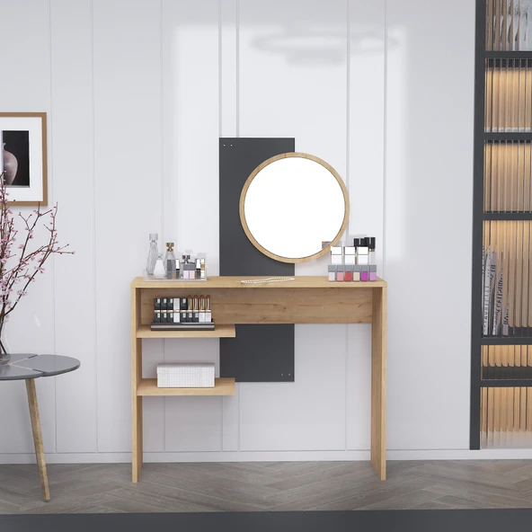 Arnetti Dali Geniş Aynalı Raflı Makyaj Masası - Safirmeşe, Antrasit Modern ve Şık Tasarım - 1