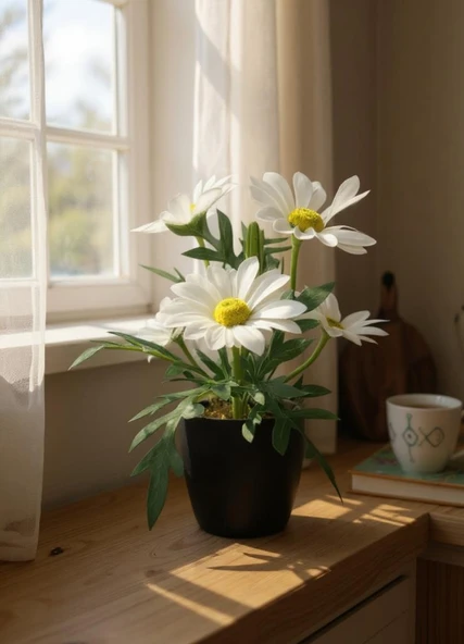 Yapay Çiçek Beyaz Margarit Papatya Siyah Saksıda Dekoratif Yapay Çiçek 30*25cm