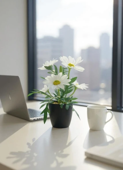 Yapay Çiçek Beyaz Margarit Papatya Siyah Saksıda Dekoratif Yapay Çiçek 30*25cm - 7