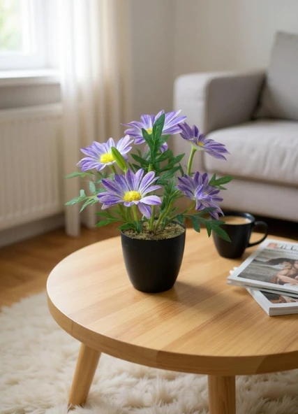 Yapay Çiçek Mor Margarit Papatya Siyah Saksıda Dekoratif Yapay Çiçek 30*25cm - Resim 7