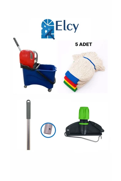 ELCY Tek Kovalı Plastik Temizlik Ve Paspas Arabası Temizlik Seti Plastik Pressli -5 Adet Islak Mop