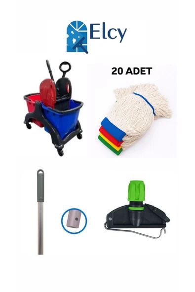 ELCY Çift Kovalı Plastik Temizlik Arabası Paspas Arabası Islak Mop Seti 20 ADET Islak Mop