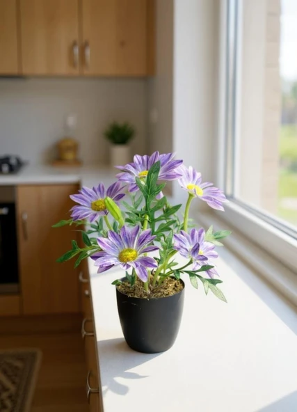 Yapay Çiçek Mor Margarit Papatya Siyah Saksıda Dekoratif Yapay Çiçek 30*25cm - Resim 8