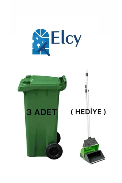 ELCY 3 Adet Yeşil Plastik Çöp Konteyneri 120 lt Isıya Karşı Dayanıklı Faras Hediyeli