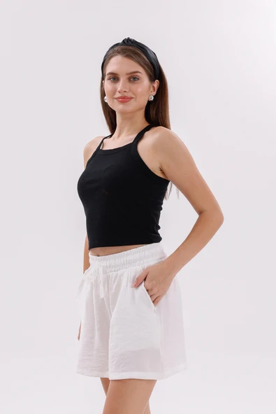 Genıus Store Kadın Şort Aerobin Pamuklu Cepli Çekmez Kumaş Beli Lastikli Şort - 8