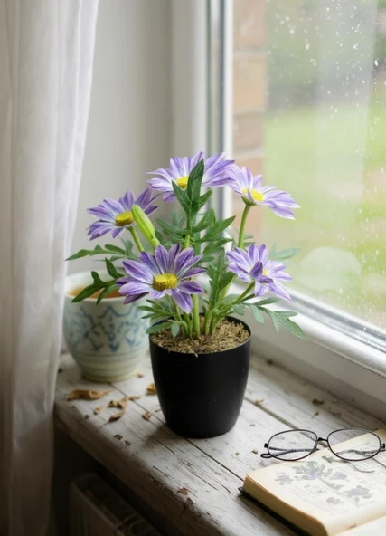 Yapay Çiçek Mor Margarit Papatya Siyah Saksıda Dekoratif Yapay Çiçek 30*25cm ürün görseli 1