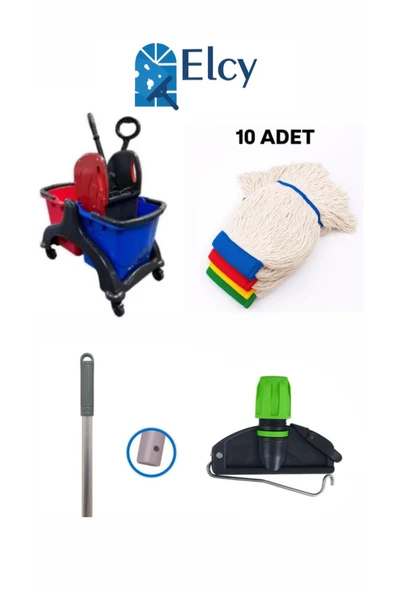 ELCY Çift Kovalı Plastik Temizlik Arabası Paspas Arabası Islak Mop Seti 10 ADET Islak Mop