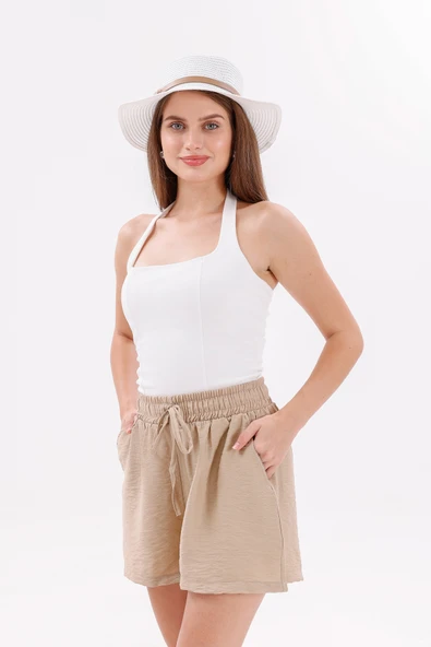 Genıus Store Kadın Şort Aerobin Pamuklu Cepli Çekmez Kumaş Beli Lastikli Şort - 2