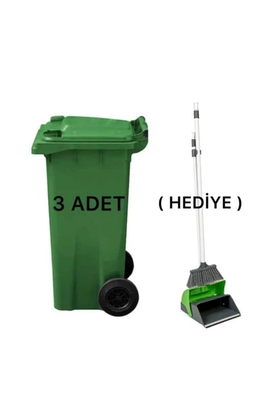 ELCY 3 Adet Yeşil Plastik Çöp Konteyneri 120 lt Isıya Karşı Dayanıklı Faras Hediyeli - 2