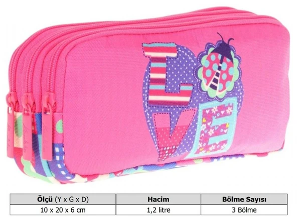 Kaukko Kids Üç Bölmeli Pembe Mavi, Love Baskılı, Kız Çocuk Okul Kalemliği - L8229 - Resim 3