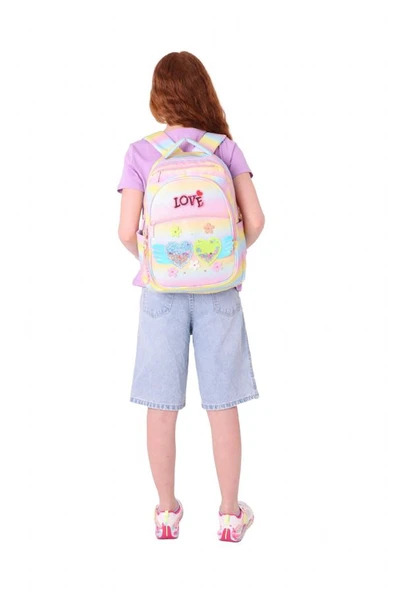 Kaukko Kids Simli Kalp ve Çiçek Detaylı Kız Çocuk Dört Bölmeli Okul Çantası - L5213 - Resim 6