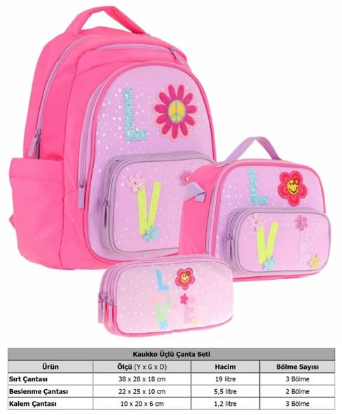 Kaukko Kids Kız Çocuk Simli Love Desenli İlkokul 1.2.3.4. Sınıf Üçlü Okul Çanta Seti - Resim 3