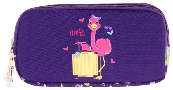 Kaukko Kids Üç Bölmeli Mor Pembe, Flamingo Baskılı, Kız Çocuk Okul Kalemliği - L8223 - Resim 2