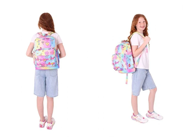 Kaukko Kids Kız Çocuk Mavi Sarı Okul Çantası ve Üç Bölmeli Kalemlik Seti - Silikon Aksesuarlı - Resim 3