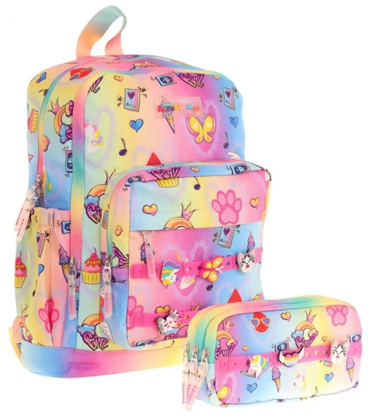 Kaukko Kids Kız Çocuk Mavi Sarı Okul Çantası ve Üç Bölmeli Kalemlik Seti - Silikon Aksesuarlı ürün görseli