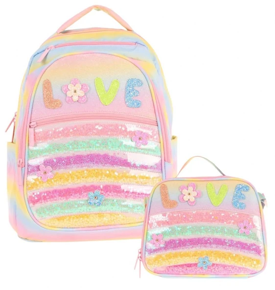 Kaukko Kids Dört Bölmeli Okul Çantası ve Beslenme Çantası Seti - Simli Pullu Love Baskılı - Kız Çocuk (L5214+L7214) ürün görseli