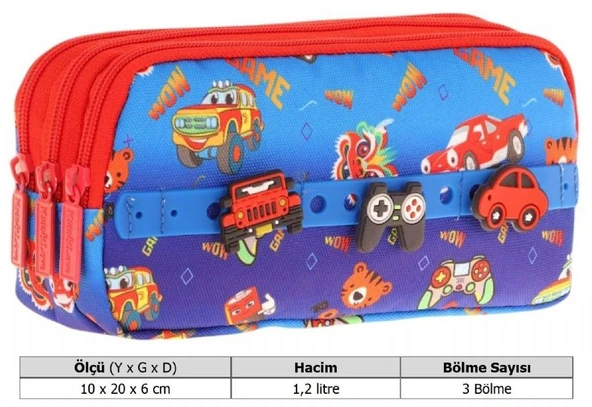 Kaukko Kids Mavi Kırmızı, Arabalar, Erkek Çocuk Üç Bölmeli Okul Kalem Çantası - L8258 - Resim 3