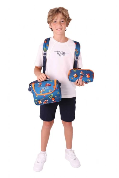 Kaukko Kids Üçlü İlkokul 1.2.3.4. Sınıf Okul Çanta Seti - Lacivert Turuncu - Erkek Çocuk - Silikon Aksesuarlı - Resim 3