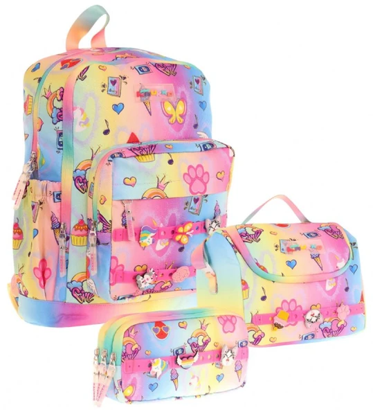 Kaukko Kids Üçlü İlkokul 1.2.3.4. Sınıf Okul Çanta Seti - Mavi Sarı - Kız Çocuk - Silikon Aksesuarlı ürün görseli