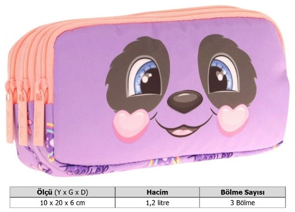 Kaukko Kids Üç Bölmeli Mor Somon, Panda Desenli, Kız Çocuk Okul Kalemliği - L8233 - Resim 3