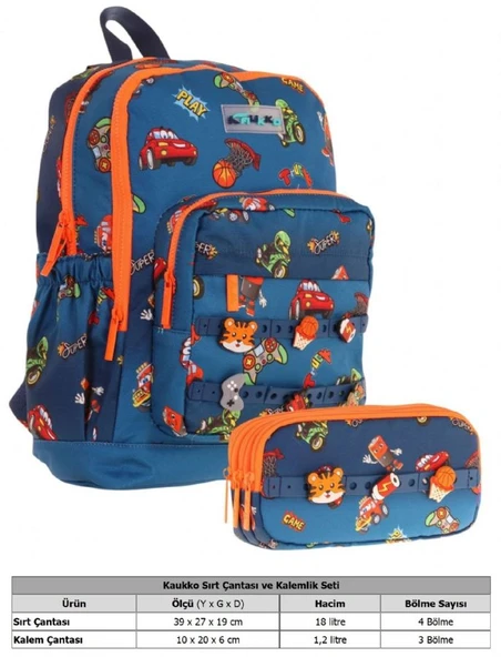 Kaukko Kids Erkek Çocuk Lacivert Turuncu Okul Çantası ve Üç Bölmeli Kalemlik Seti - Silikon Aksesuarlı - Resim 2