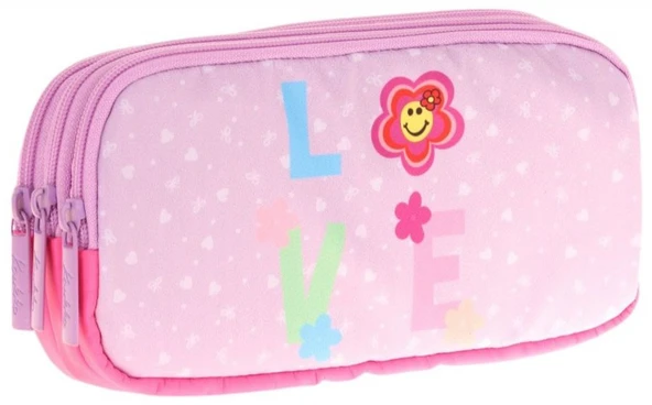 Kaukko Kids Üç Bölmeli Pembe Lila, Love Desenli, Kız Çocuk Okul Kalem Çantası - L8211