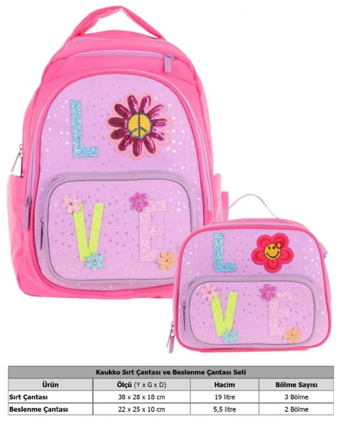 Kaukko Kids Dört Bölmeli Okul Çantası ve Beslenme Çantası Seti - Simli Love Desenli - Kız Çocuk (L5211+L7211) - Resim 3
