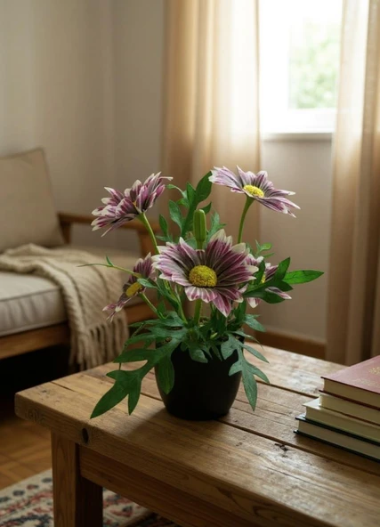 Yapay Çiçek Mürdüm Margarit Papatya Siyah Saksıda Dekoratif Yapay Çiçek 30*25cm - Resim 2