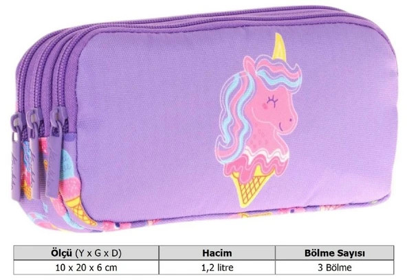 Kaukko Kids Üç Bölmeli Lila Pembe, Unicorn Desenli, Kız Çocuk Okul Kalemliği - L8224 - Resim 3