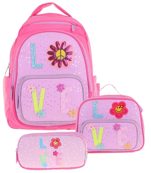 Kaukko Kids Kız Çocuk Simli Love Desenli İlkokul 1.2.3.4. Sınıf Üçlü Okul Çanta Seti - Resim 2