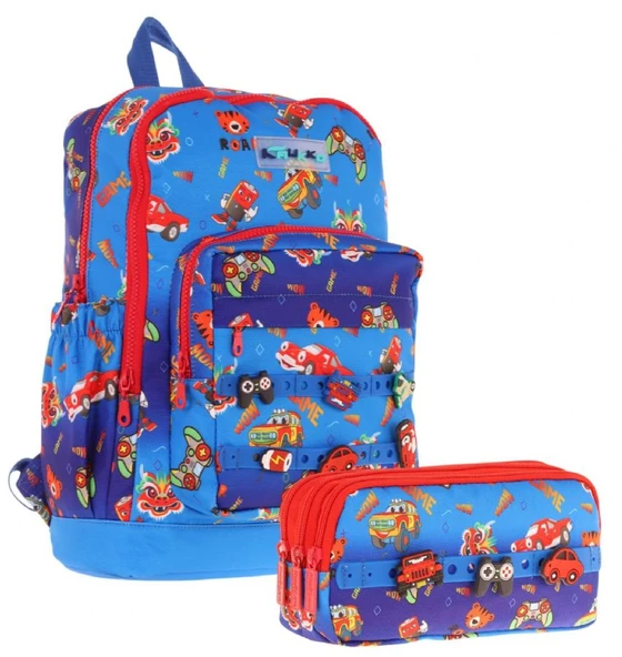 Kaukko Kids Erkek Çocuk Mavi Kırmızı Okul Çantası ve Üç Bölmeli Kalemlik Seti - Silikon Aksesuarlı ürün görseli