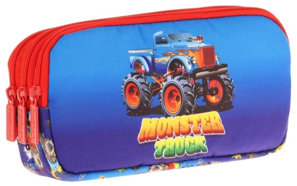Kaukko Kids Kırmızı Mavi, Monster Truck, Erkek Çocuk Üç Bölmeli Okul Kalem Çantası - L8257 ürün görseli