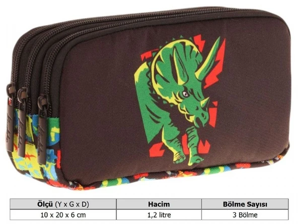 Kaukko Kids Siyah Yeşil, Gergedan Temalı, Erkek Çocuk Üç Bölmeli Okul Kalem Çantası - L8263 - Resim 3