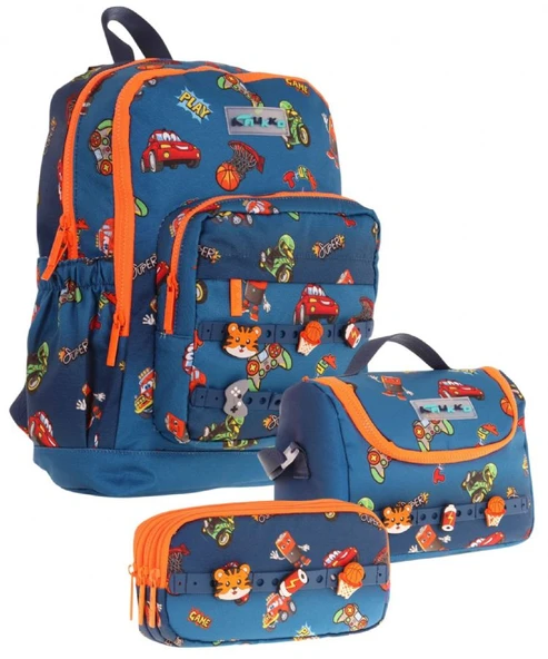 Kaukko Kids Üçlü İlkokul 1.2.3.4. Sınıf Okul Çanta Seti - Lacivert Turuncu - Erkek Çocuk - Silikon Aksesuarlı ürün görseli