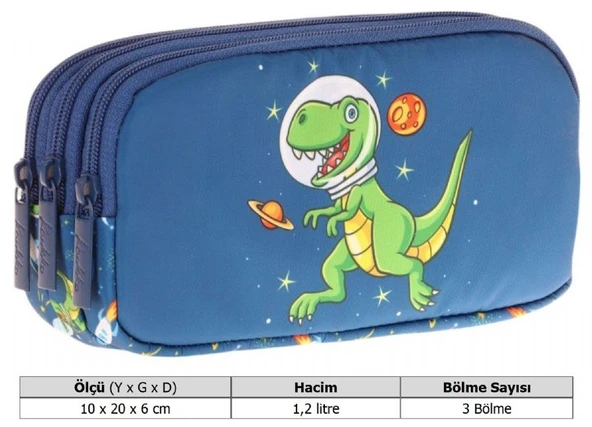 Kaukko Kids Lacivert Yeşil, Sevimli Dinazor, Erkek Çocuk Üç Gözlü Okul Kalem Çantası - L8252 - 3