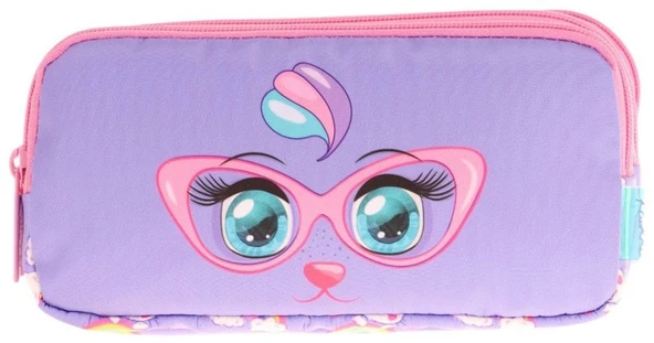 Kaukko Kids Üç Bölmeli Pembe Lila, Gözlüklü Kedi Baskılı, Kız Çocuk Okul Kalemliği - L8236 - Resim 2
