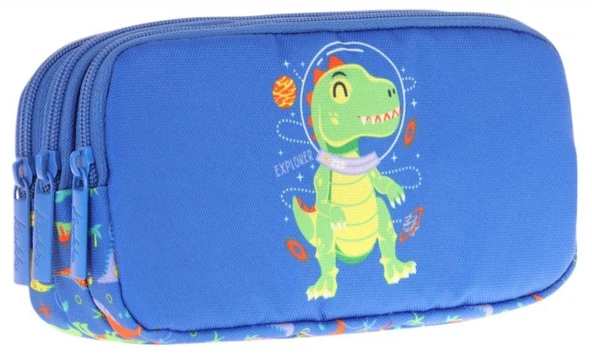 Kaukko Kids Mavi Yeşil, Dinazor, Erkek Çocuk Üç Bölmeli Okul Kalem Çantası - L8262 ürün görseli
