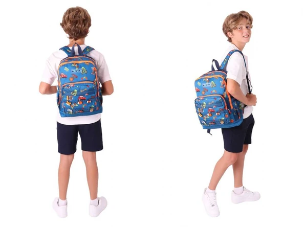 Kaukko Kids Erkek Çocuk Lacivert Turuncu Okul Çantası ve Üç Bölmeli Kalemlik Seti - Silikon Aksesuarlı - Resim 3