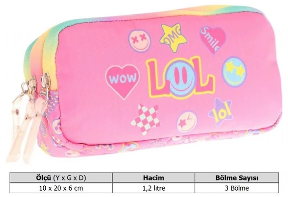 Kaukko Kids Pembe Çok Renkli, Lol Baskılı, Kız Çocuk Üç Gözlü Okul Kalem Çantası - L8237 - Resim 3