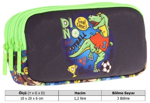 Kaukko Kids Yeşil Siyah, Dinazor Baskılı, Erkek Çocuk Üç Bölmeli Okul Kalem Çantası - L8266 - Resim 3