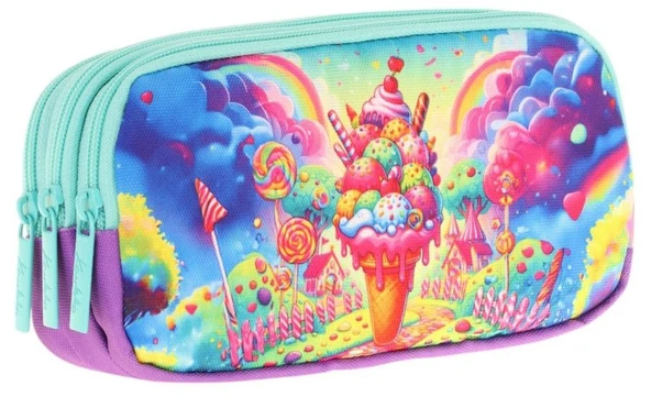 Kaukko Kids Mavi Yeşil, Dondurma, Kız Çocuk Üç Gözlü Okul Kalem Çantası - L8251