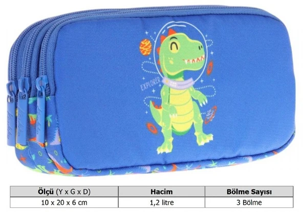 Kaukko Kids Mavi Yeşil, Dinazor, Erkek Çocuk Üç Bölmeli Okul Kalem Çantası - L8262 - Resim 3