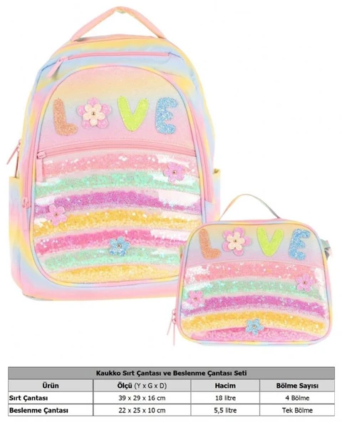 Kaukko Kids Dört Bölmeli Okul Çantası ve Beslenme Çantası Seti - Simli Pullu Love Baskılı - Kız Çocuk (L5214+L7214) - Resim 3