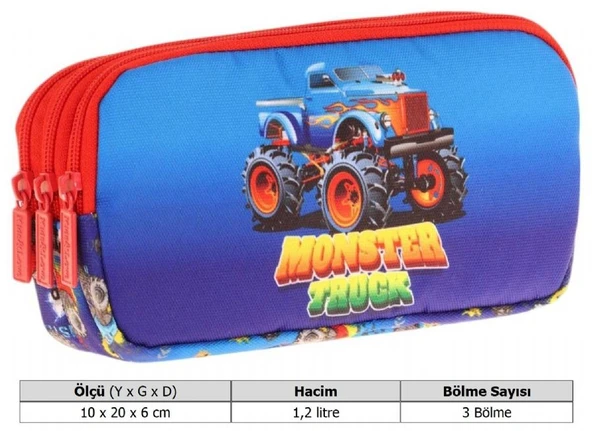 Kaukko Kids Kırmızı Mavi, Monster Truck, Erkek Çocuk Üç Bölmeli Okul Kalem Çantası - L8257 - Resim 3