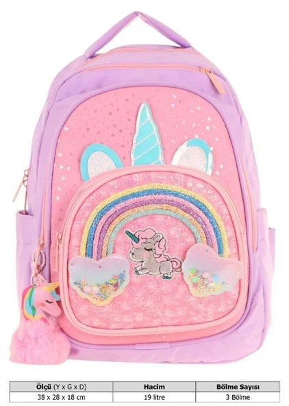 Kaukko Kids Simli Unicorn Desenli Kız Çocuk Dört Bölmeli Okul Çantası - L5212 - Resim 4